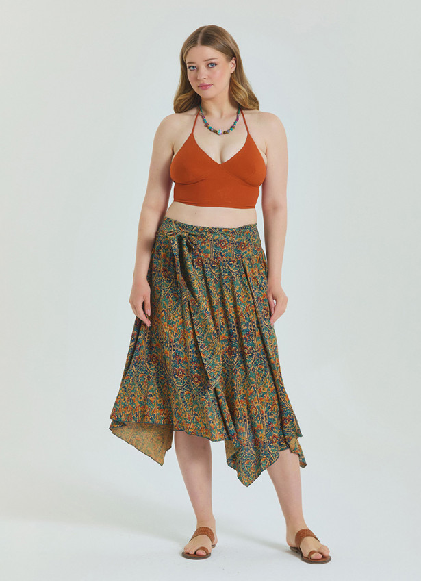 Gipe Detailed Waist Tied Petrol Plus Size Skirt 4589